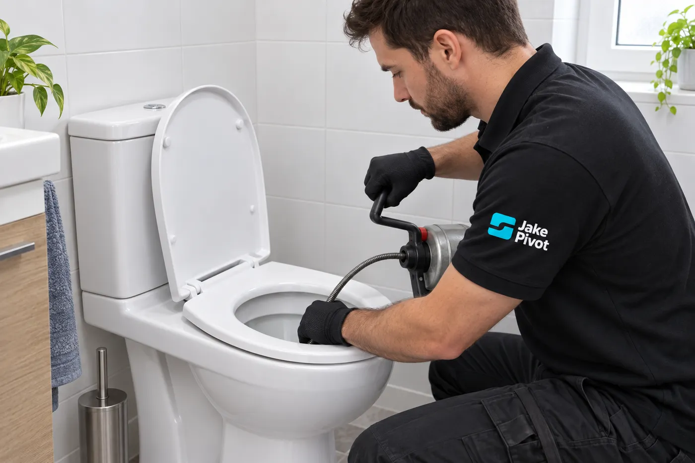 Plombier Jake Pivot passant un furet manuel dans la cuvette d'un WC bouché