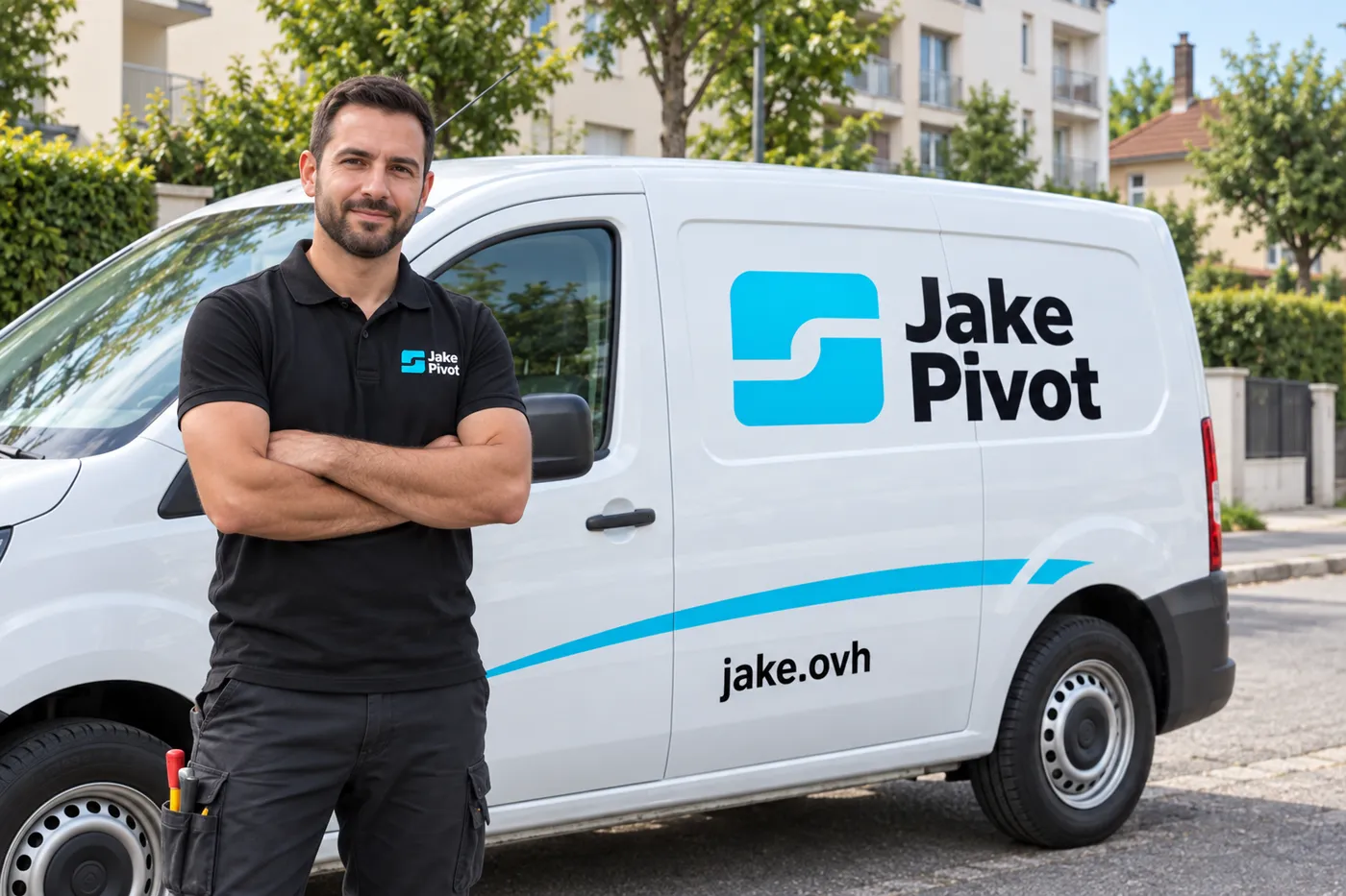 Plombier Jake Pivot devant son fourgon blanc marqué jake.ovh, dans une rue résidentielle