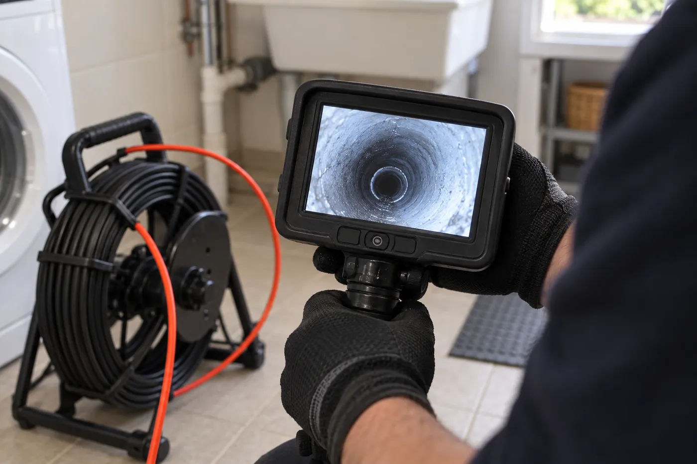 Écran de caméra d'inspection montrant l'intérieur d'une canalisation, à côté du touret de câble