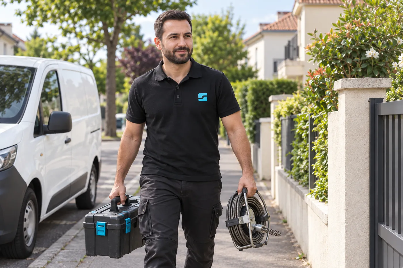 Plombier Jake Pivot avec sa caisse à outils dans une rue pavillonnaire de l'Essonne