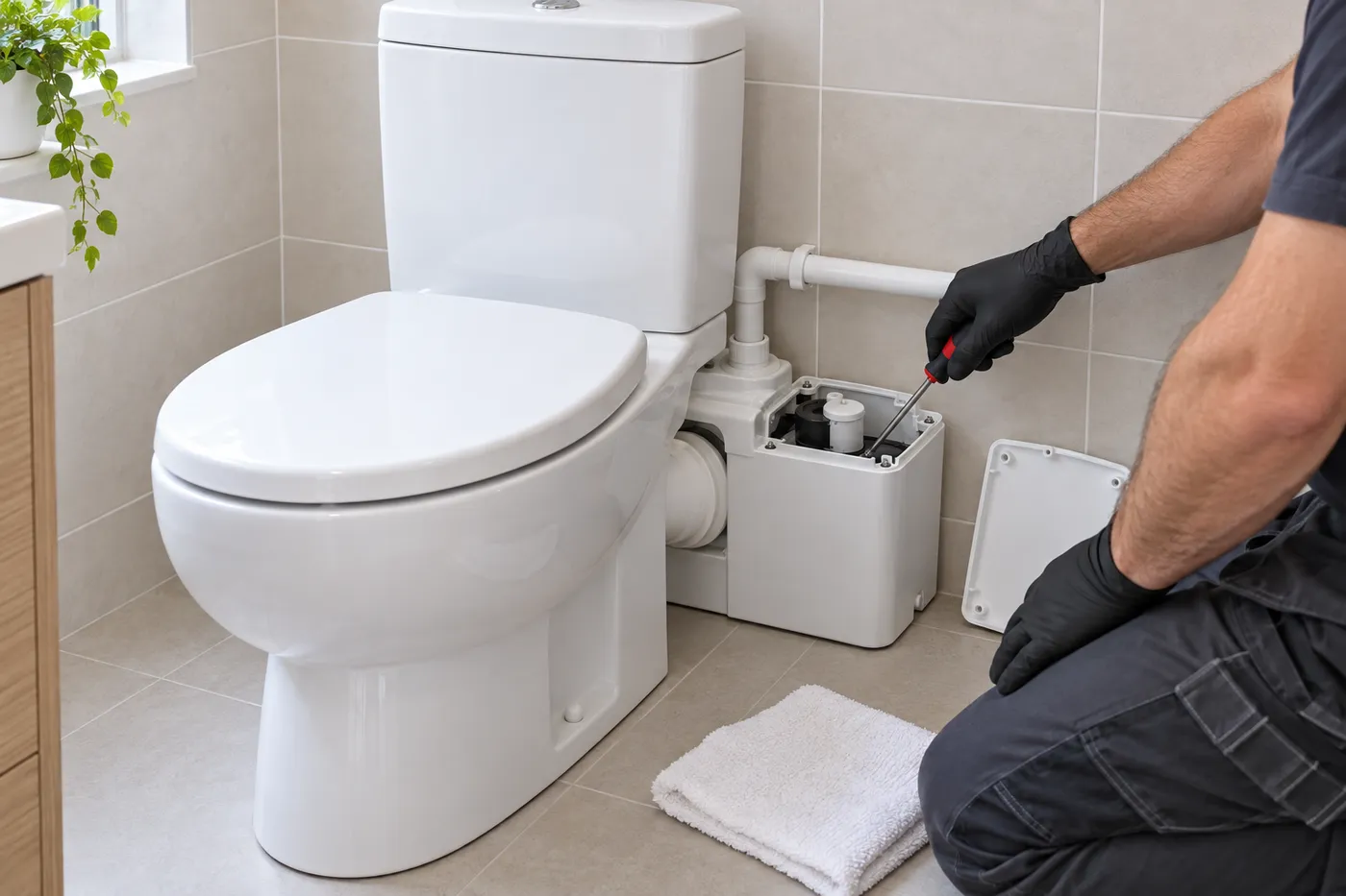 Sanibroyeur ouvert derrière un WC pendant un dépannage, tournevis en main